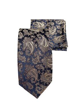 Imani Uomo Navy & Bronze Paisley Tie And Pocket Square Set Elegant Design